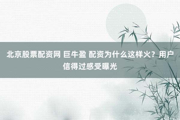 北京股票配资网 巨牛盈 配资为什么这样火?用户信得过感受曝光